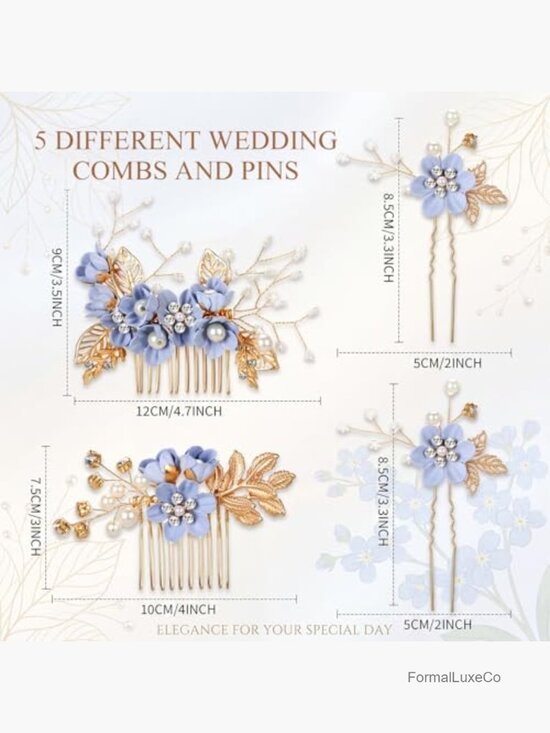 12Pcs Golden Leaf Hair Comb Set Bridal Pearl Hairpins Blue Flower Wedding Hair main image 5